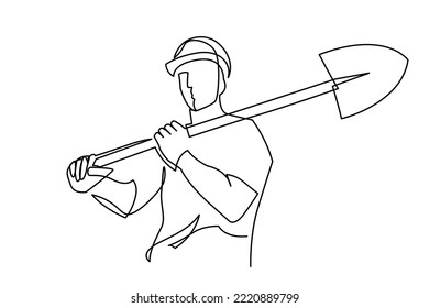 Continuous one line drawing of construction worker, road worker with a shovel on his shoulder in hardhat. Strong manly man builder vector illustration