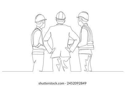 Dibujo continuo de una línea del director del proyecto de construcción hablando con dos capataces de construcción, concepto de progreso del proyecto de construcción, arte de una sola línea.