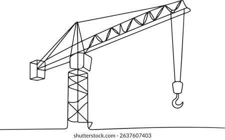 Continuous one line drawing of a construction tower crane, minimal outline vector art, industrial machinery line illustration

