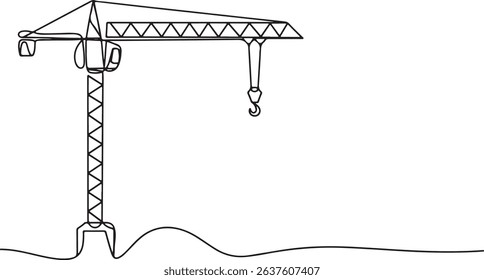 Continuous one line drawing of a construction tower crane, minimal outline vector art, industrial machinery line illustration

