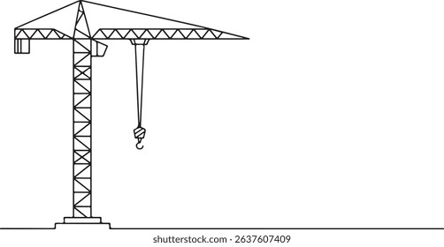Continuous one line drawing of a construction tower crane, minimal outline vector art, industrial machinery line illustration

