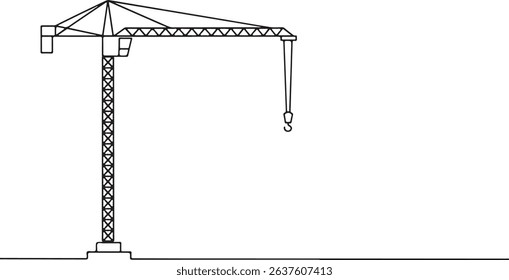 Continuous one line drawing of a construction tower crane, minimal outline vector art, industrial machinery line illustration

