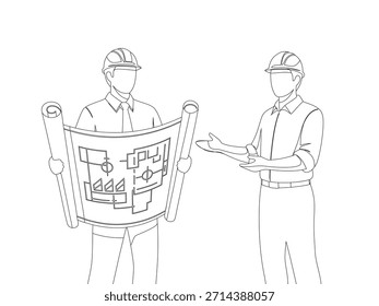 Trabajador de construcción de dibujo continuo de una línea. Gerente dando instrucciones al coordinador del constructor en la reunión del sitio. Concepto de negocio de arquitectura de edificios.