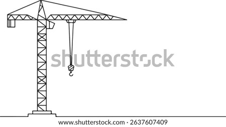 Continuous one line drawing of a construction tower crane, minimal outline vector art, industrial machinery line illustration

