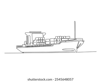 Continuous one line drawing of Container Cargo ship sailing. Cargo ship in single line vector illustration.