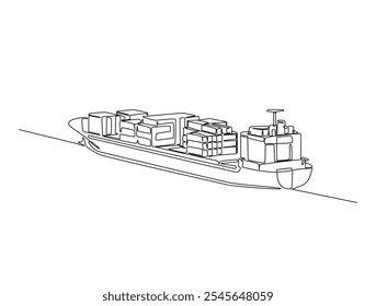 Desenho contínuo de uma linha de navio de carga de contêineres à vela. Cargueiro em ilustração vetorial de linha única.