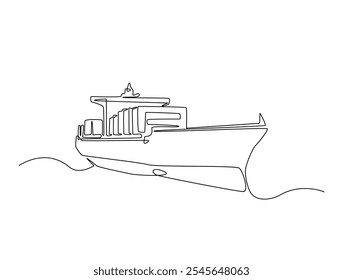 Continuous one line drawing of Container Cargo ship sailing. Cargo ship in single line vector illustration.