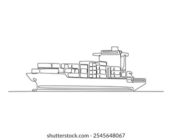 Continuous one line drawing of Container Cargo ship sailing. Cargo ship in single line vector illustration.