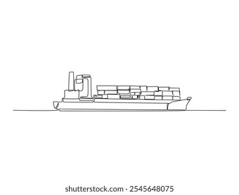 Continuous one line drawing of Container Cargo ship sailing. Cargo ship in single line vector illustration.