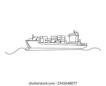 Continuous one line drawing of Container Cargo ship sailing. Cargo ship in single line vector illustration.