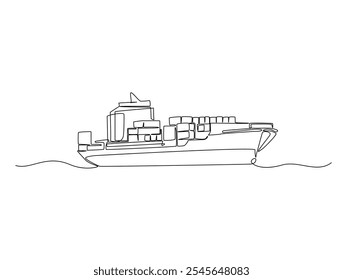 Continuous one line drawing of Container Cargo ship sailing. Cargo ship in single line vector illustration.