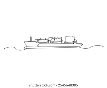 Continuous one line drawing of Container Cargo ship sailing. Cargo ship in single line vector illustration.