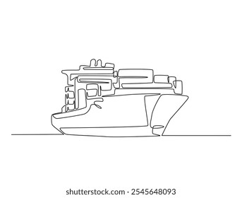 Continuous one line drawing of Container Cargo ship sailing. Cargo ship in single line vector illustration.