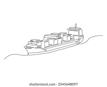 Continuous one line drawing of Container Cargo ship sailing. Cargo ship in single line vector illustration.