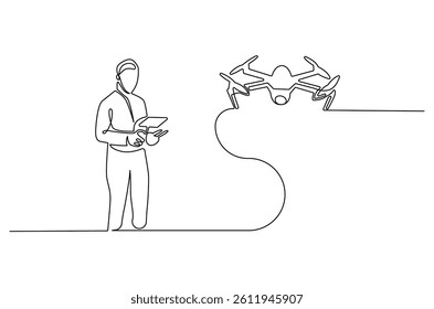Continuous one line drawing of Controls drone with a remote control. Single line drawing illustration of Flying drone. Technology concept vector art. Doodle line illustration.