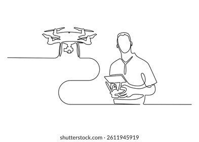 Continuous one line drawing of Controls drone with a remote control. Single line drawing illustration of Flying drone. Technology concept vector art. Doodle line illustration.