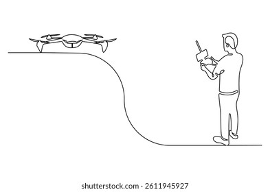 Continuous one line drawing of Controls drone with a remote control. Single line drawing illustration of Flying drone. Technology concept vector art. Doodle line illustration.