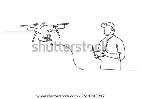 Continuous one line drawing of Controls drone with a remote control. Single line drawing illustration of Flying drone. Technology concept vector art. Doodle line illustration.