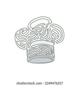 Continuous one line drawing cook chef hat or cap in sketch cartoon style. Kitchen staff uniform headwear for restaurant or cafe. Swirl curl style. Single line draw design vector graphic illustration