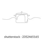 Continuous one line drawing of cooking pot. Kitchen tools background, utensil outline vector illustration. Editable stroke. 