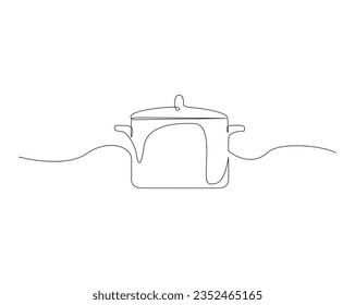 Continuous one line drawing of cooking pot. Kitchen tools background, utensil outline vector illustration. Editable stroke. 
