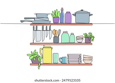 Continuous one line drawing Cooking utensils in one vector image. The layout is very neat. Minimalist design layout. Far from being messy. Clean and clear. Single line draw design vector illustration