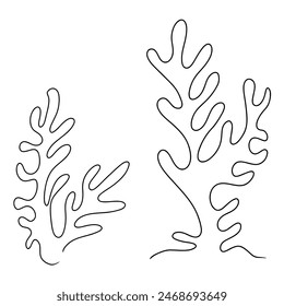 Continuous one line drawing of coral sea ocean elements. Vector illustration