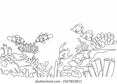 Continuous one line drawing coral reefs with various kinds of marine animals. Biodiversity in the sea. Place to find food. Breed. World Aquatic Animal Day. Single line draw design vector illustration