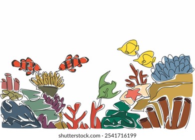 Continuous one line drawing coral reefs with various kinds of marine animals. Biodiversity in the sea. Place to find food. Breed. World Aquatic Animal Day. Single line draw design vector illustration