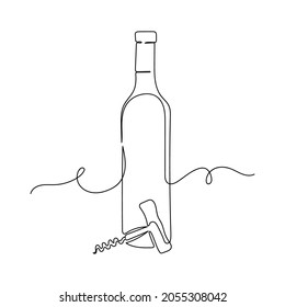 Continuous one line drawing of corkscrew and bottle of wine in silhouette on a white background. Linear stylized.