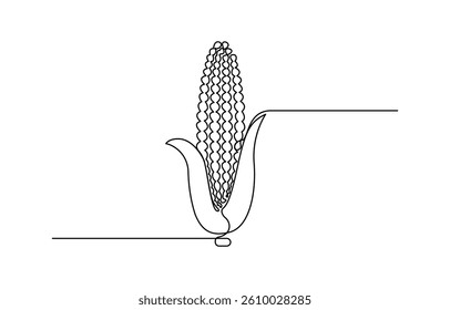 Continuous one line drawing of corn vegetable. One line drawing illustration of vegetarian food, sketch isolated on white background. Vector illustration.