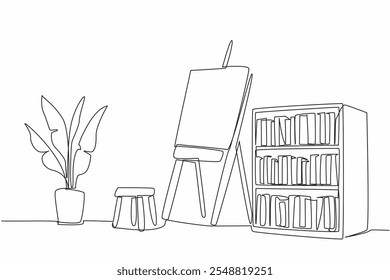 Continuous one line drawing a corner of a room in a painting studio. A place to channel the hobby of creating charming paintings. The craft. World Art Day. Single line draw design vector illustration