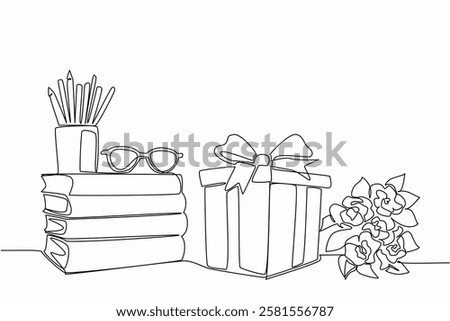 Continuous one line drawing corner of table with stack of books and gift box plus bouquet of flowers. Surprise gifts from students. National Day of Teacher. Single line draw design vector illustration