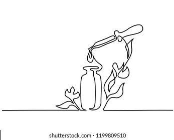 Continuous one line drawing. Cosmetic vial with pipette and flowers. Vector illustration