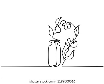 Continuous One Line Drawing. Cosmetic Aromatherapy Bottle And Flowers. Vector Illustration