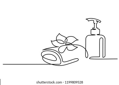 Continuous one line drawing. Cosmetic beautiful flower with towel and bottle. Vector illustration