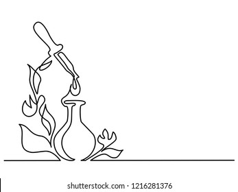 Continuous one line drawing. Cosmetic vial with pipette and flowers. Vector illustration