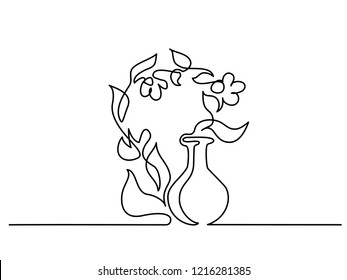 Continuous One Line Drawing. Cosmetic Aromatherapy Bottle And Flowers. Vector Illustration