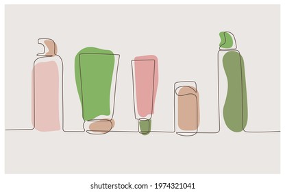 Continuous one line drawing. Cosmetic bottles with a dispenser and tubes with skin care products. Vector illustration., eps10