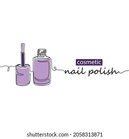 Continuous one line drawing of cosmetic nail polish bottle in silhouette on a white background. Linear stylized.