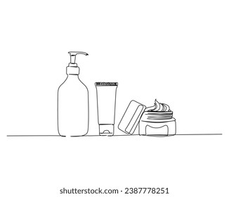 Continuous one line drawing of cosmetic product. Skin care product line art vector illustration. Editable stroke.	