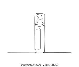 Continuous one line drawing of cosmetic bottle with pump dispenser. Foam bottle line art vector illustration. Editable stroke.	