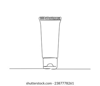 Continuous one line drawing of cosmetic cream tube. Lotion cream bottle line art vector illustration. Editable stroke.	