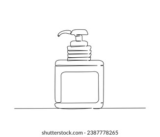 Continuous one line drawing of cosmetic bottle with pump dispenser. Pump bottle line art vector illustration. Editable stroke.	