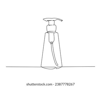 Dibujo continuo de una línea de la botella cosmética con dispensador de bomba. Ilustración vectorial de la línea del frasco de bombeo. Trazo editable.	