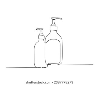 Continuous one line drawing of cosmetic bottle with pump dispenser. Pump bottle line art vector illustration. Editable stroke.	