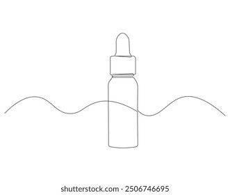 Continuous one line drawing of cosmetic serum bottle. One line drawing illustration of serum dropper bottle. International beauty day, Skincare concept line art. Editable outline