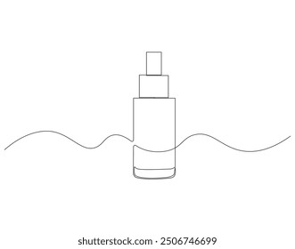 Continuous one line drawing of cosmetic serum bottle. One line drawing illustration of serum dropper bottle. International beauty day, Skincare concept line art. Editable outline