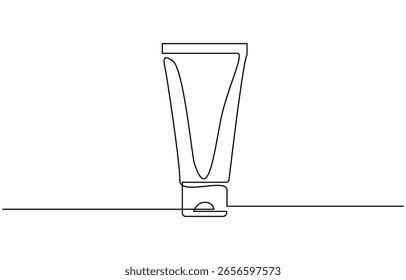 Dibujo continuo de una línea de tubo de crema cosmética. Crema para el cuidado de la piel en un solo dibujo de línea, producto cosmético para el cuidado de la piel, bálsamo, loción, ilustración abstracta de doodle.