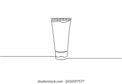 Continuous one line drawing of cosmetic cream tube. Skin care cream in single line draw, Cosmetics skin care product, balm, lotion, abstract doodle illustration.